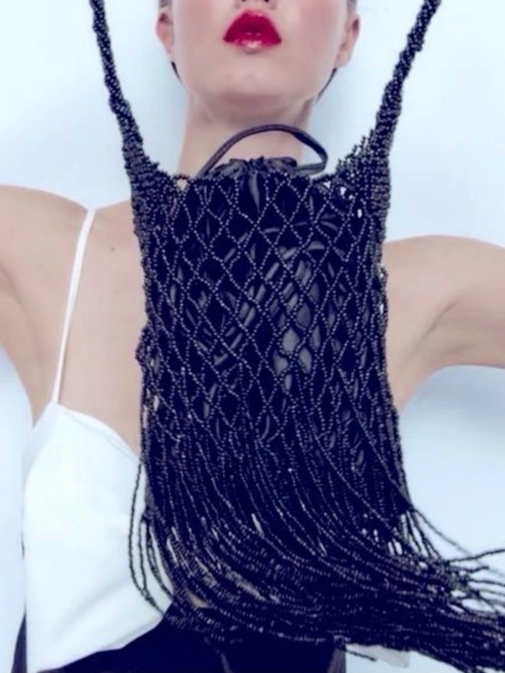 ZARA Black Beaded Macramé Fringe Shoulder Bag - Picture 2 of 5